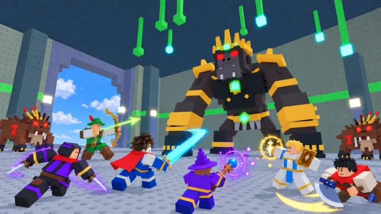 Adventurers using different weapon types in a boss fight